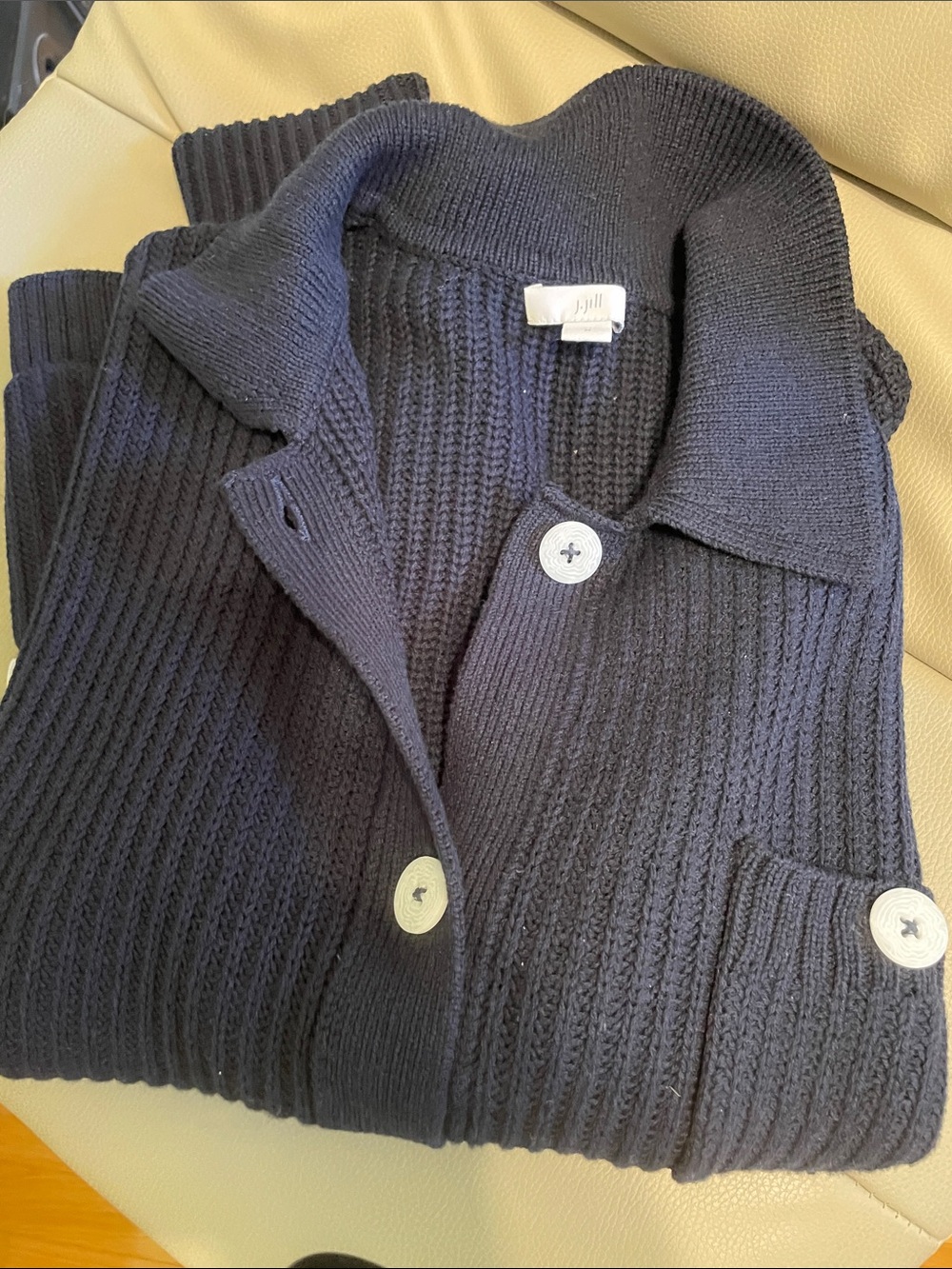 J.Jill navy blue nautical style button up vertical knit sweater w/pockets